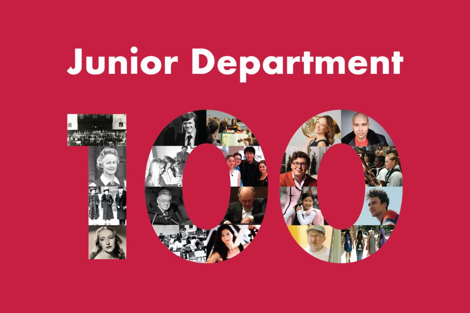 White text reading 'Junior Department 100' with a collage of different faces and musicians inside the 100 numbers on a red background